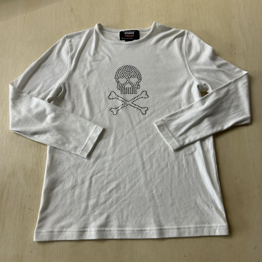 Y2K Rhinestone Skull Crossbones Shirt Womens Medium Long Sleeve Tee